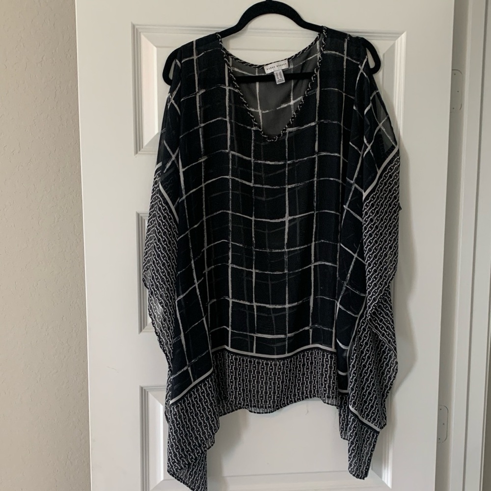 Chic cold shoulder, geometric, flowy style blouse by Susan Graver